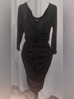 Women’s Black Wrap-Front Belted Midi Dress
